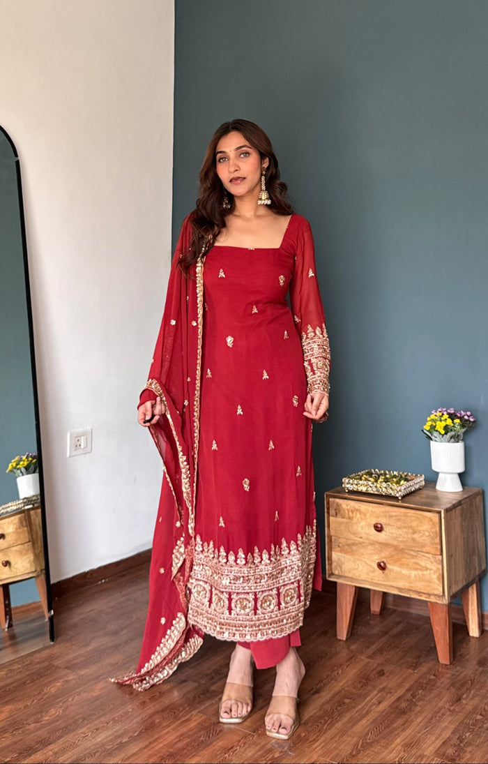 Red Georgette Kurti With Gold Motif Border