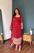 Red Georgette Kurti With Gold Motif Border