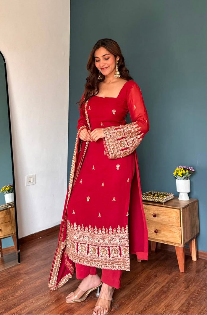 Red Georgette Kurti With Gold Motif Border