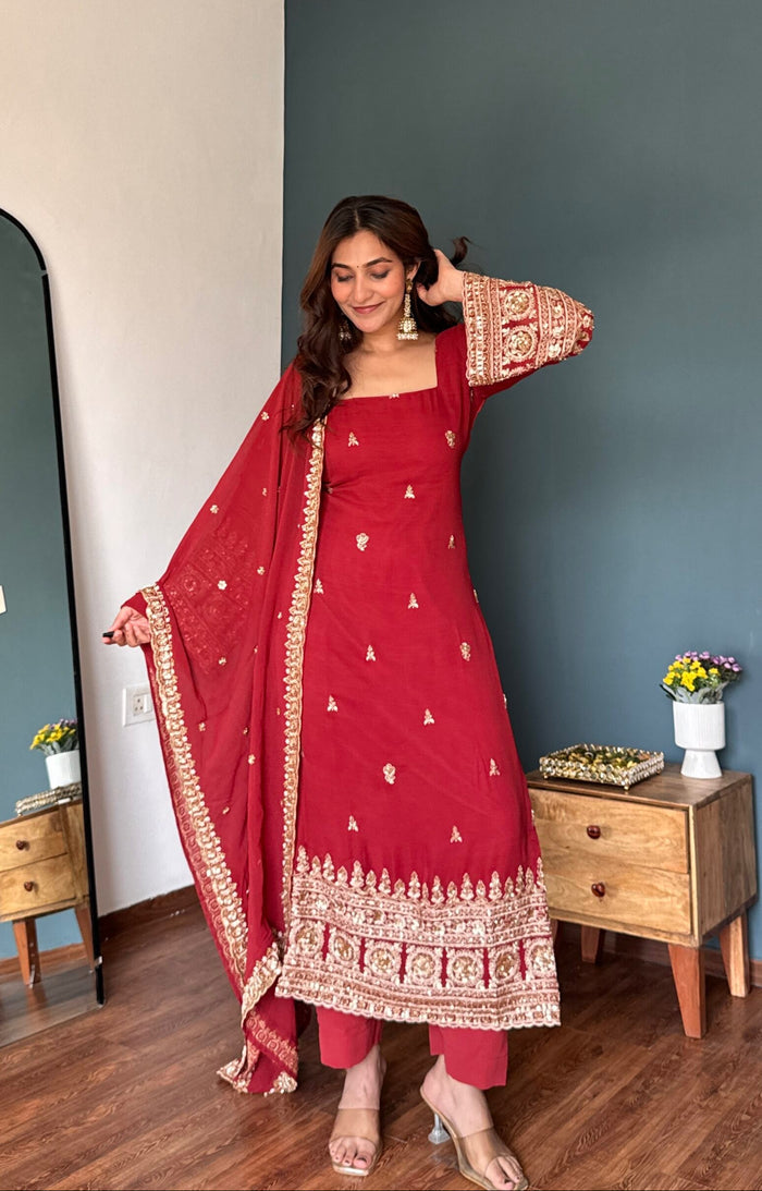 Red Georgette Kurti With Gold Motif Border