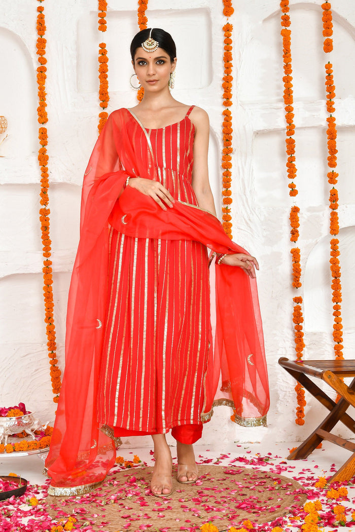 Red Georgette Lurex Kurta Set