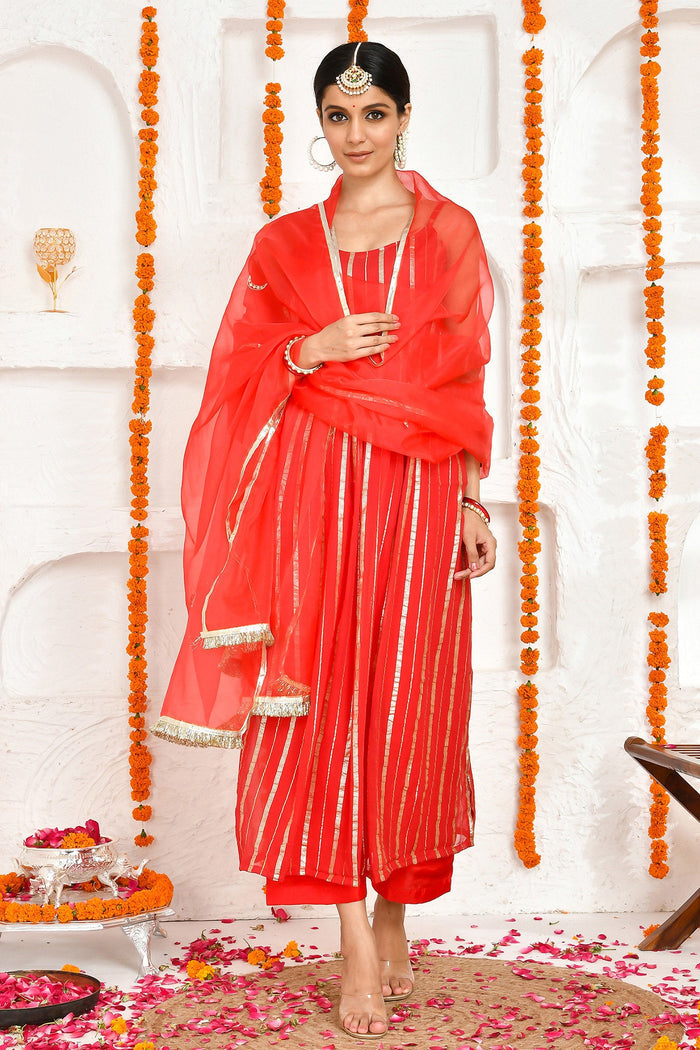 Red Georgette Lurex Kurta Set