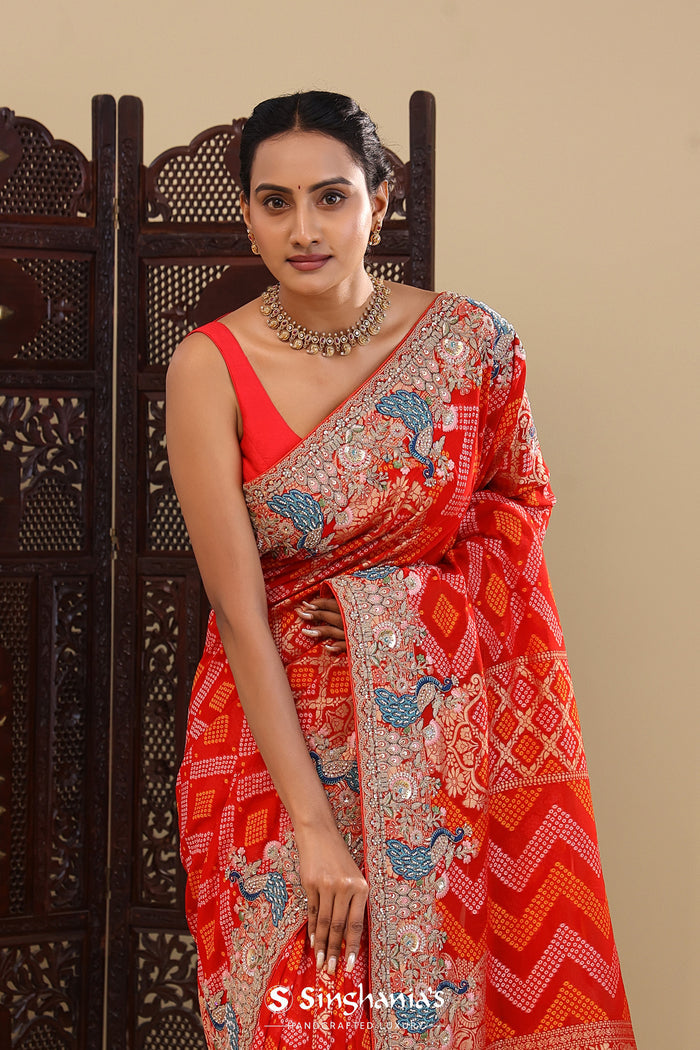 Red Georgette Saree With Bandhani Design