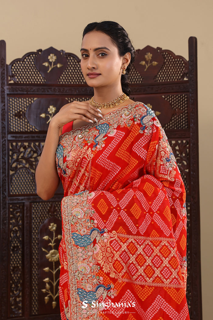Red Georgette Saree With Bandhani Design