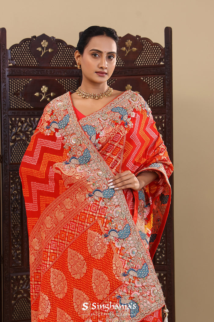 Red Georgette Saree With Bandhani Design