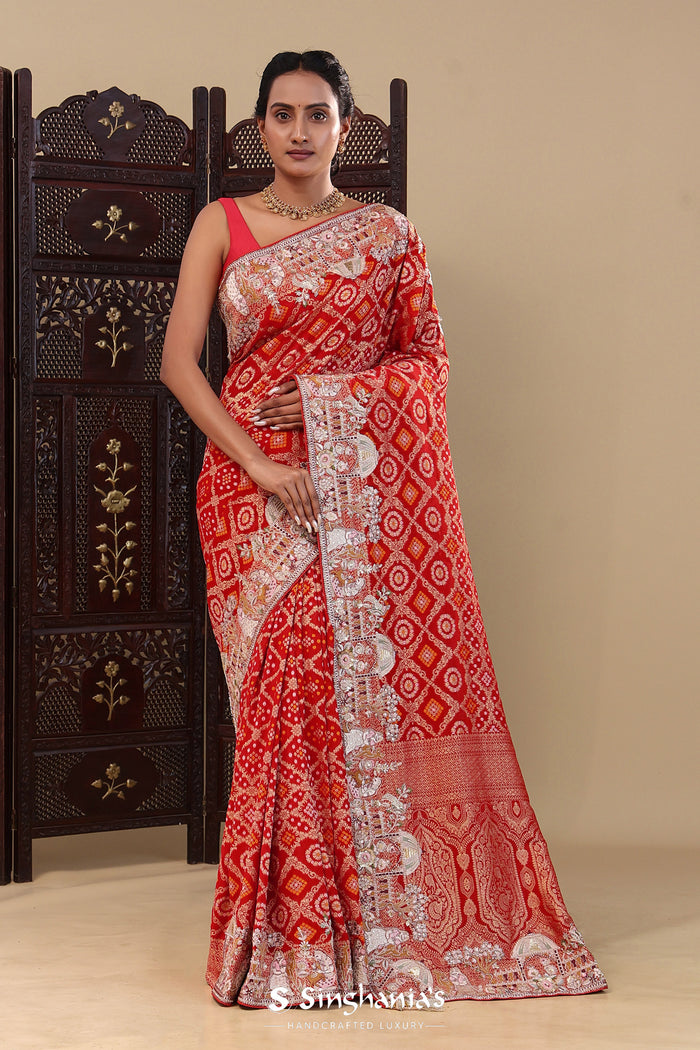 Red Georgette Saree With Designer Border