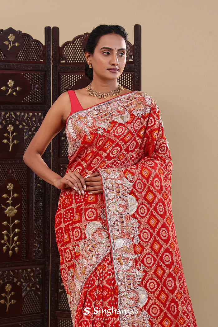 Red Georgette Saree With Designer Border