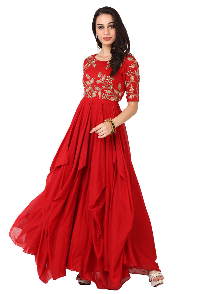 Red Gold Embroidered Draped Gown