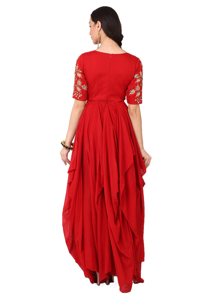 Red Gold Embroidered Draped Gown
