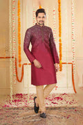 Red Gradient Art Silk Kurta Set With Embroidered Collar Neck
