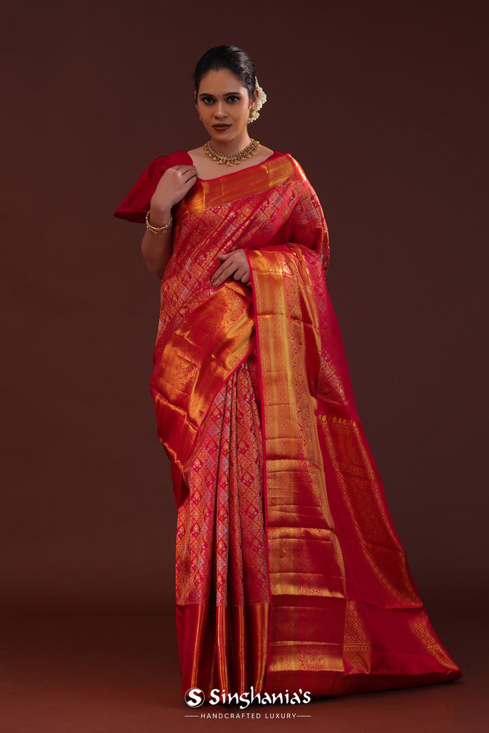 Red Kanjivaram Silk Saree With Geometrical Design