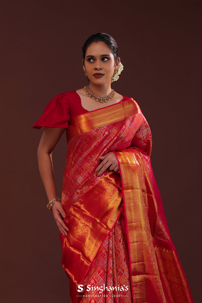 Red Kanjivaram Silk Saree With Geometrical Design