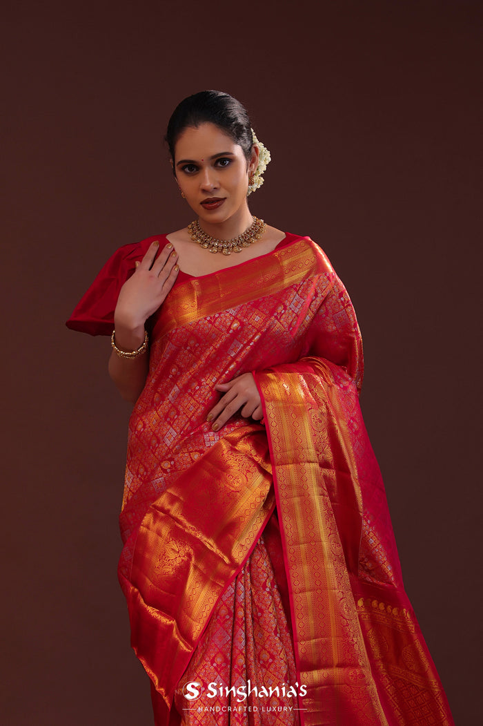 Red Kanjivaram Silk Saree With Geometrical Design