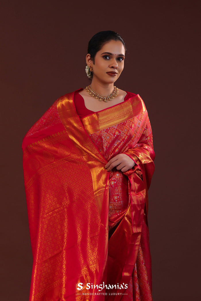 Red Kanjivaram Silk Saree With Geometrical Design