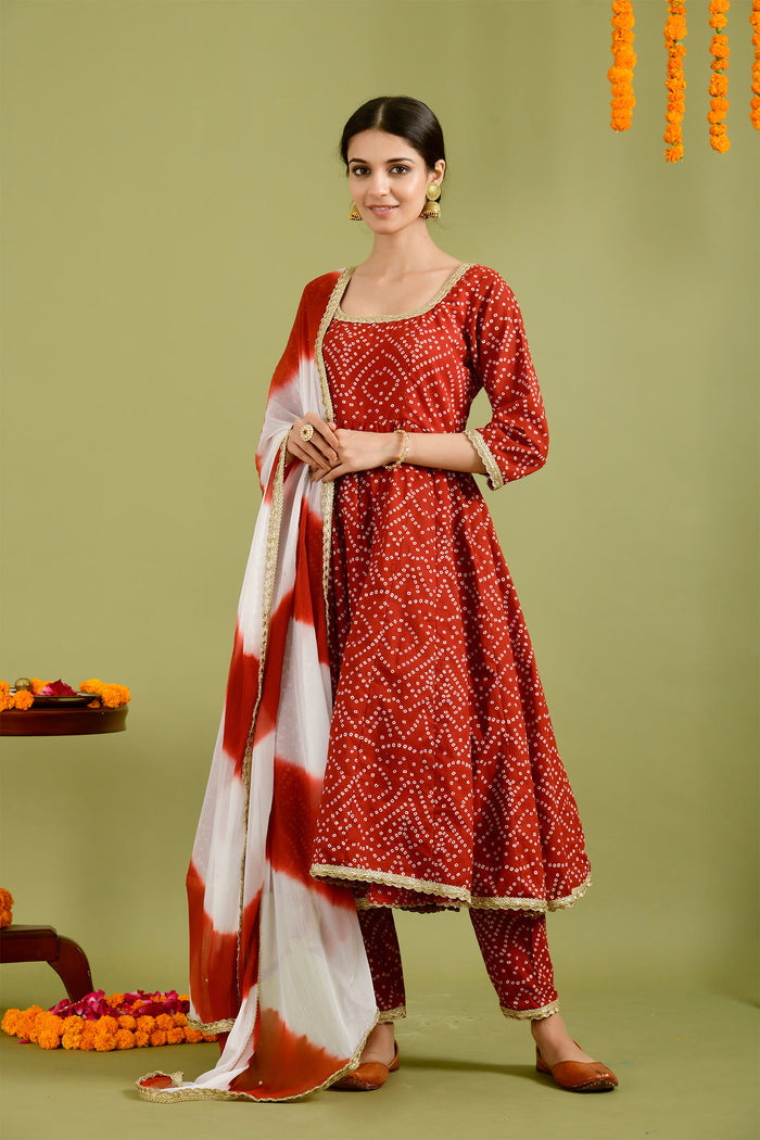 Red Kota Bandhani Printed Anarkali Set
