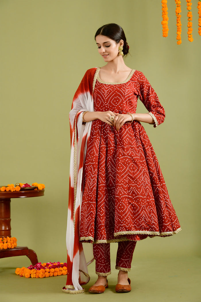 Red Kota Bandhani Printed Anarkali Set