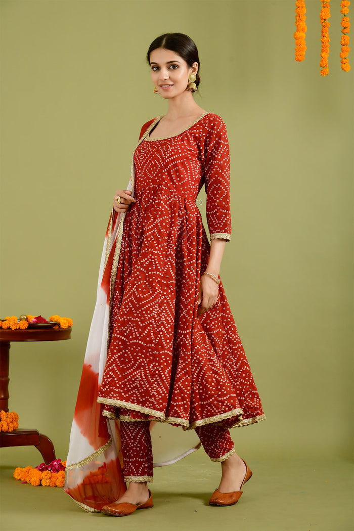 Red Kota Bandhani Printed Anarkali Set