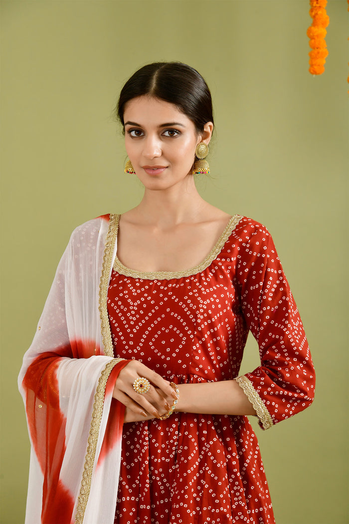 Red Kota Bandhani Printed Anarkali Set