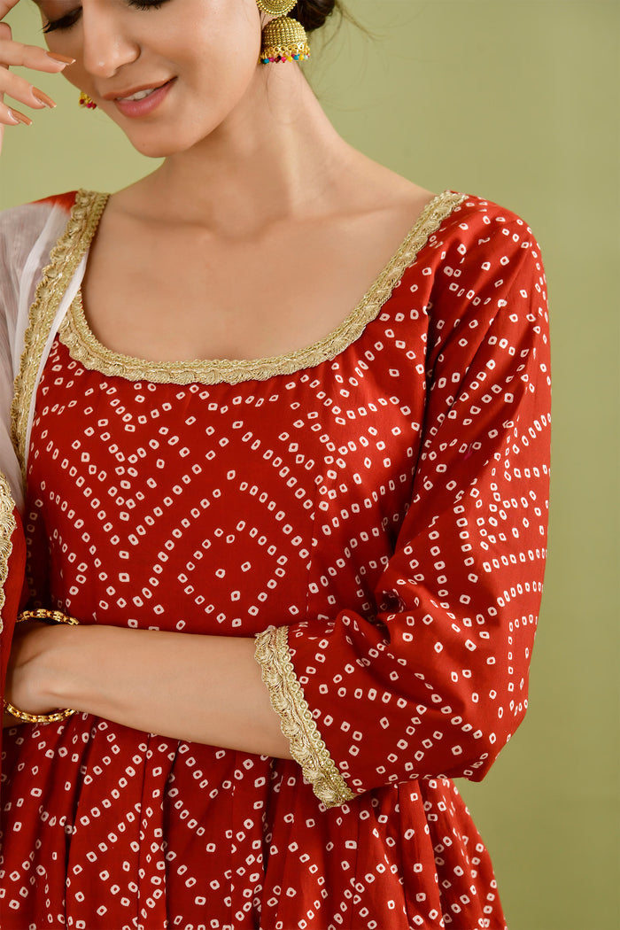 Red Kota Bandhani Printed Anarkali Set