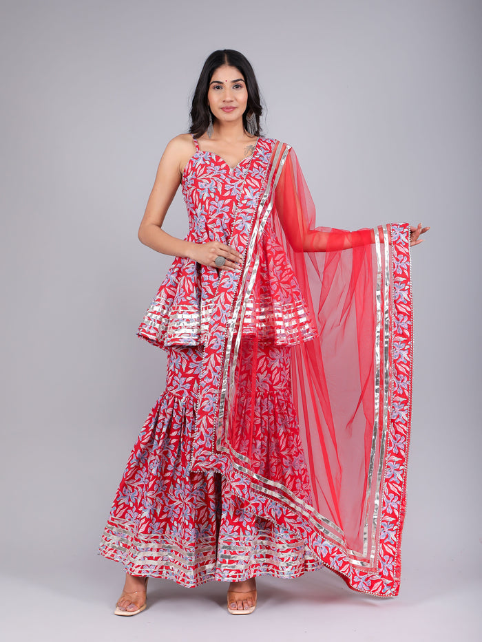 Red Leaf Printed Peplum Sharara Indo Western Set