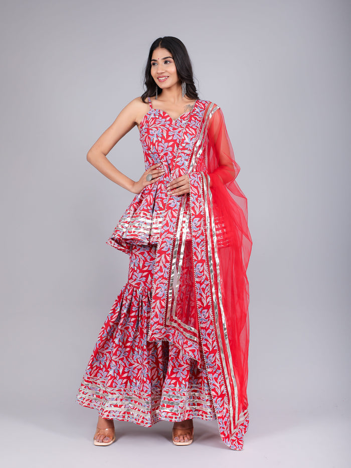 Red Leaf Printed Peplum Sharara Indo Western Set