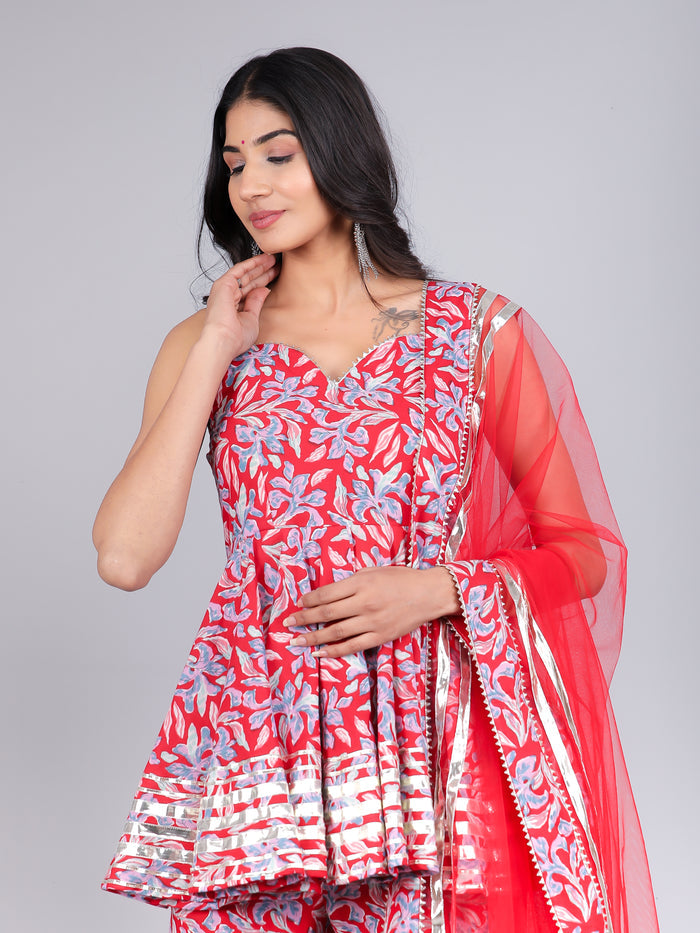 Red Leaf Printed Peplum Sharara Indo Western Set