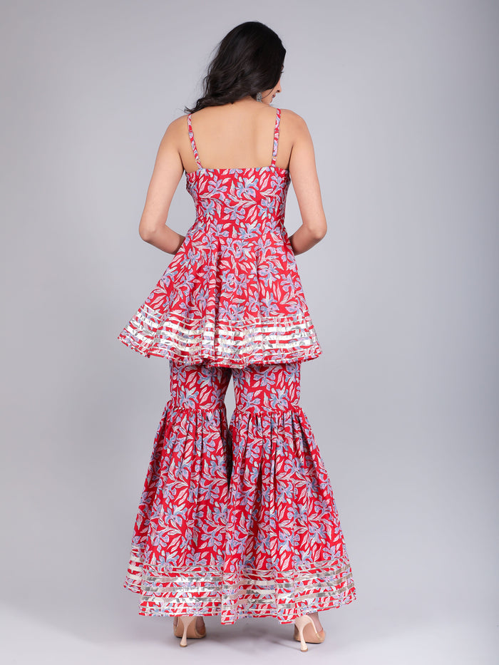 Red Leaf Printed Peplum Sharara Indo Western Set