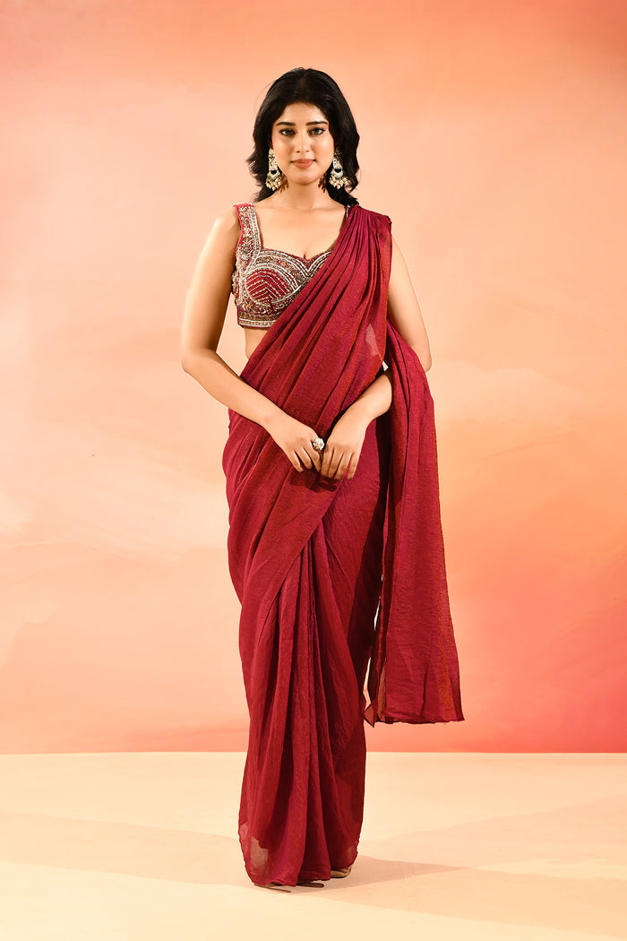 Red Linen Embroidered Drape Saree