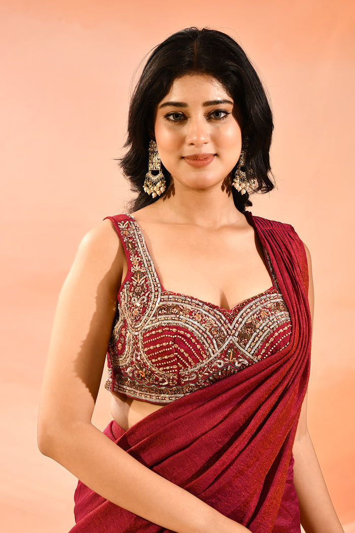 Red Linen Embroidered Drape Saree