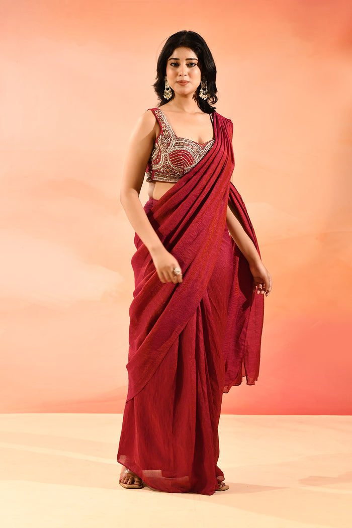 Red Linen Embroidered Drape Saree