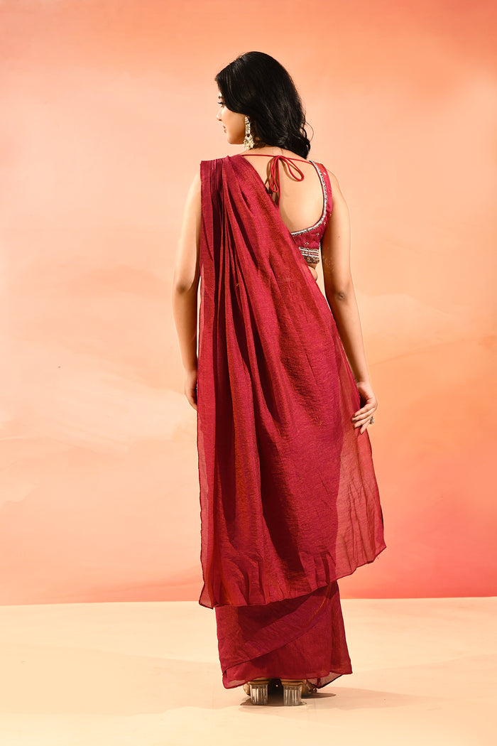 Red Linen Embroidered Drape Saree