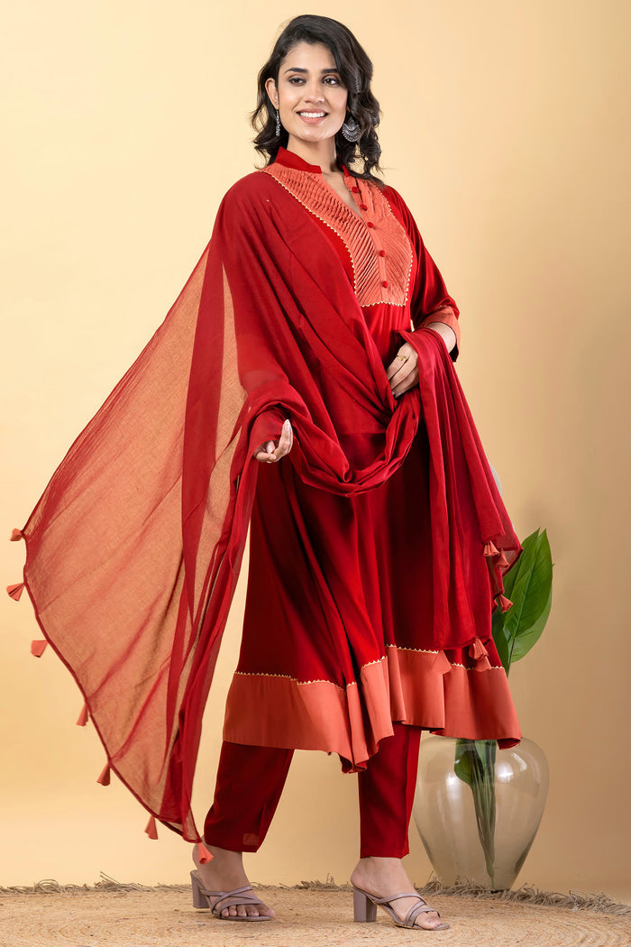 Red Rayon Anarkali Set