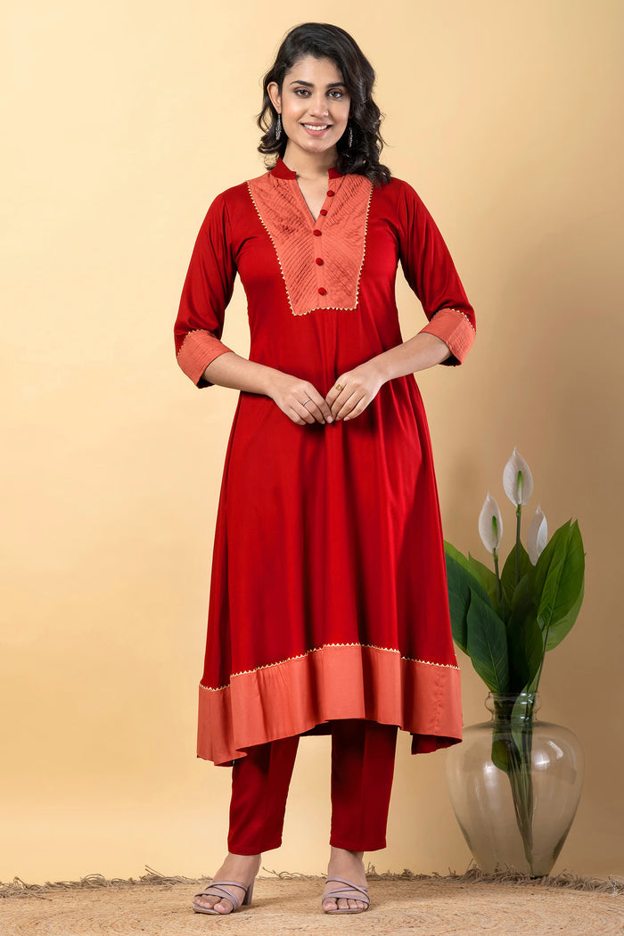 Red Rayon Anarkali Set