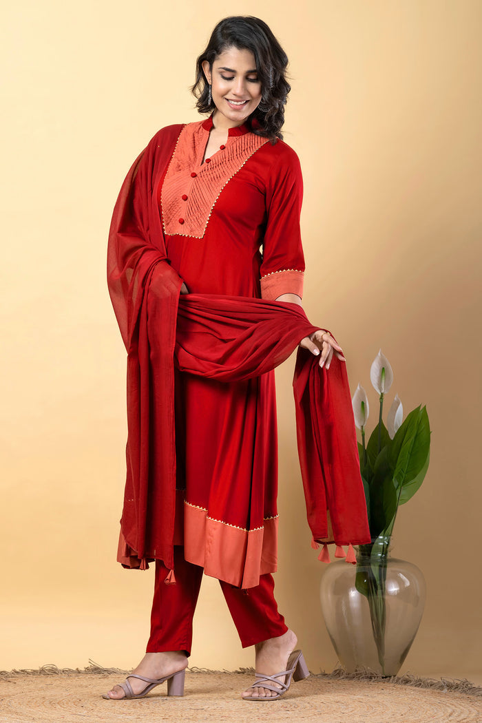 Red Rayon Anarkali Set