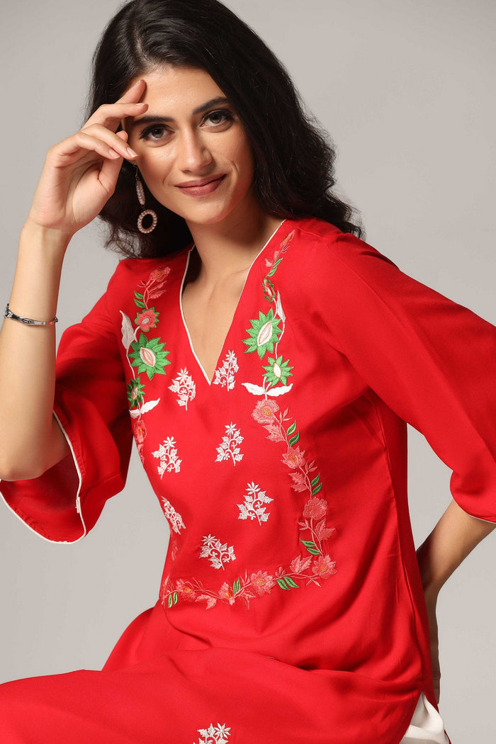 Red Rayon Embroidered Kurti Set