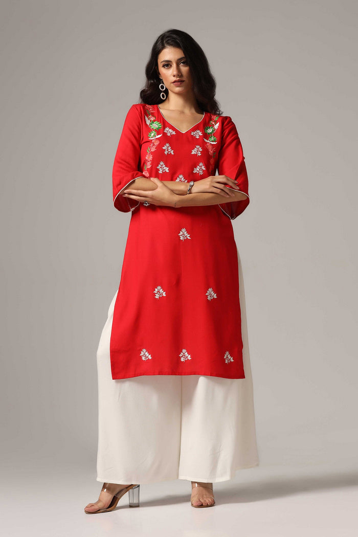 Red Rayon Embroidered Kurti Set