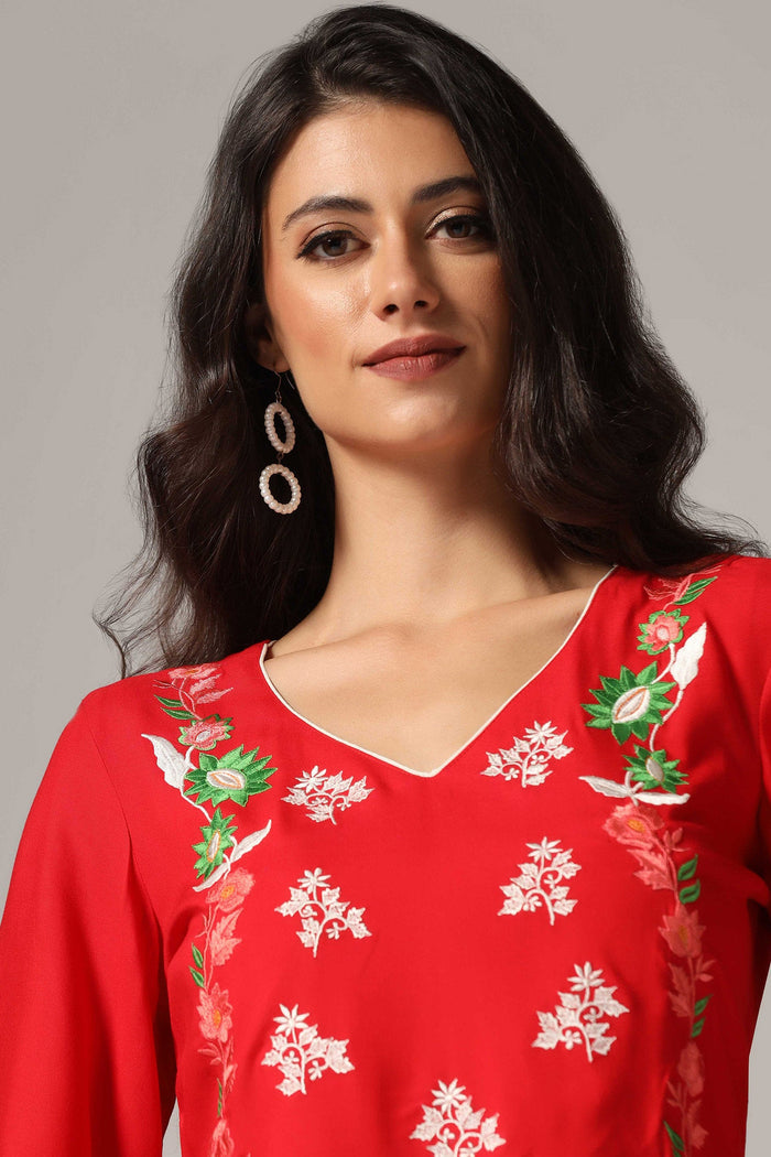 Red Rayon Embroidered Kurti Set