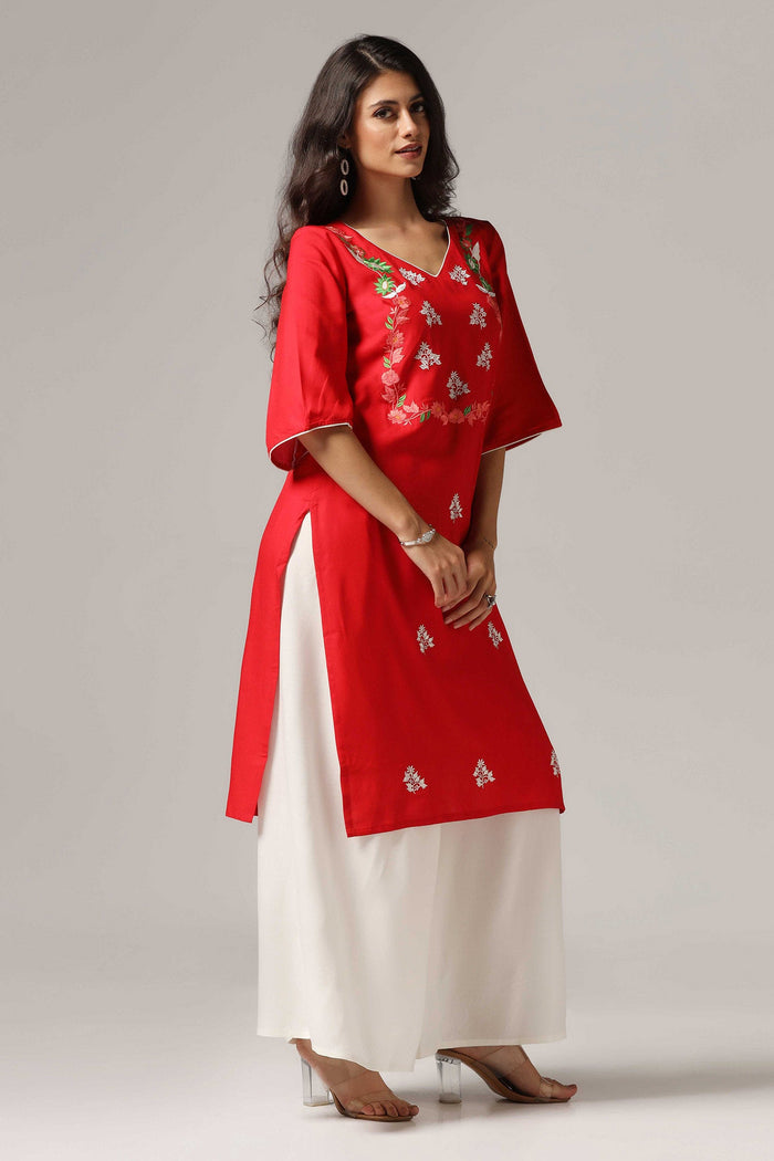 Red Rayon Embroidered Kurti Set