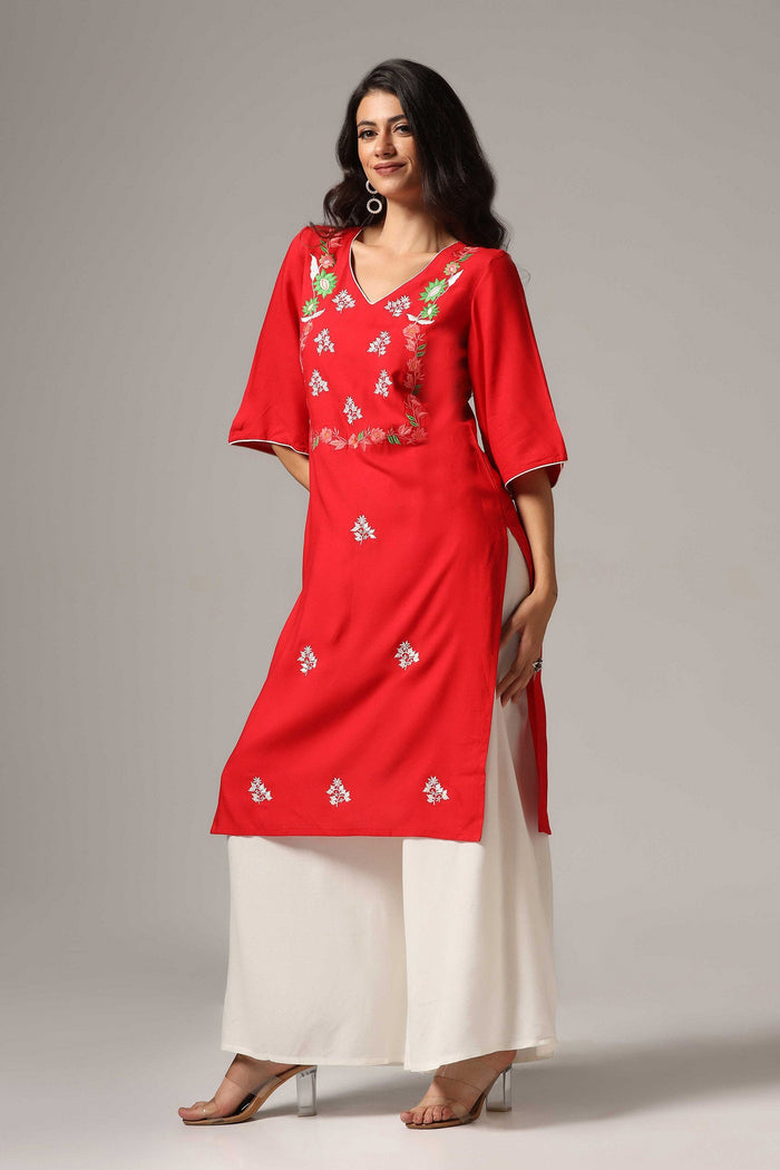 Red Rayon Embroidered Kurti Set