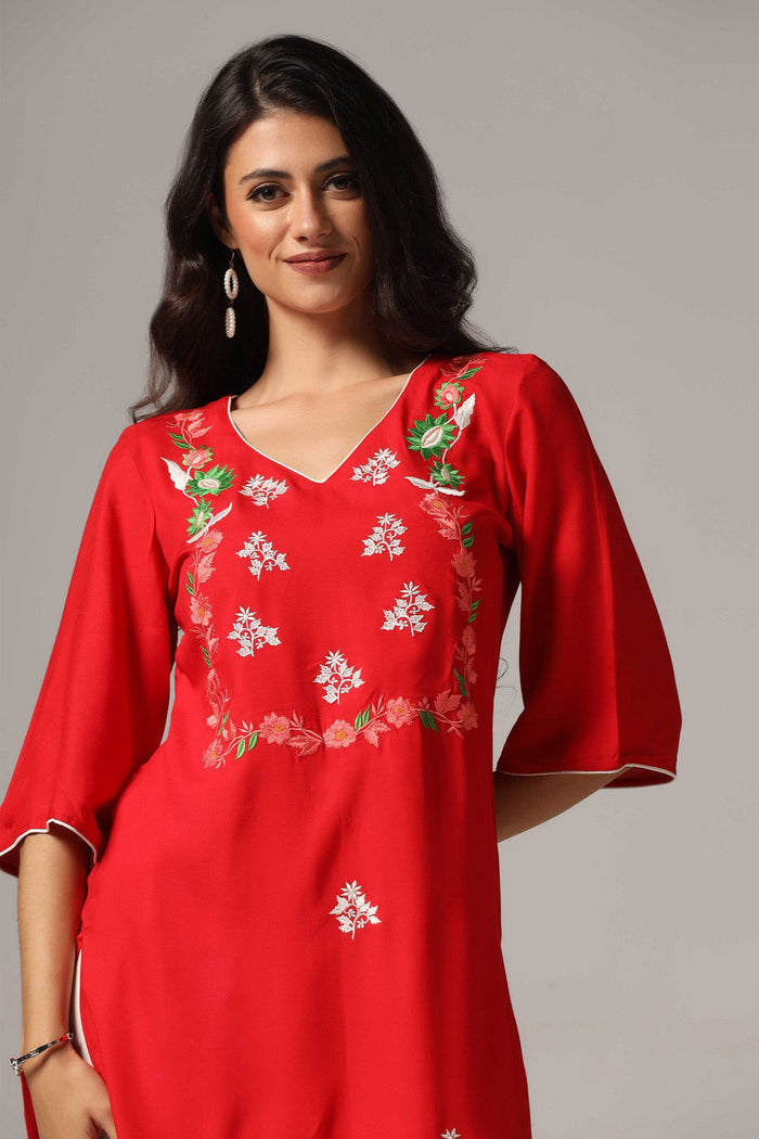 Red Rayon Embroidered Kurti Set