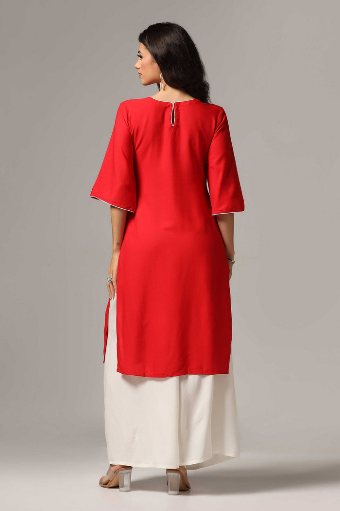 Red Rayon Embroidered Kurti Set