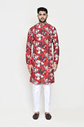 Red Rayon Kurta Set With Digital Printed