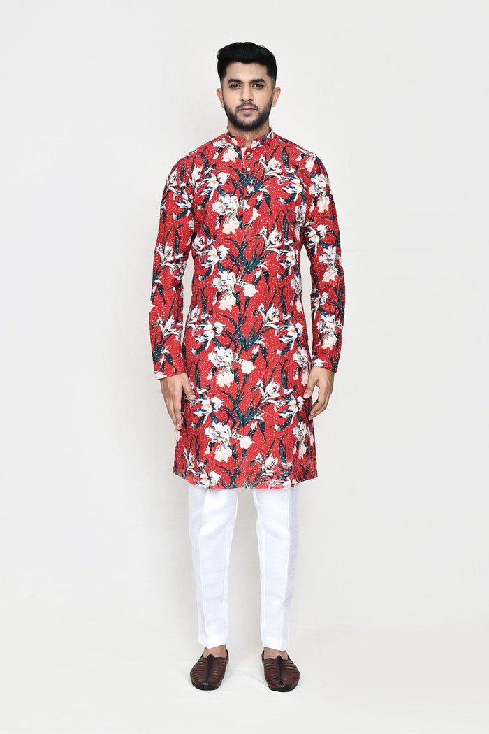 Red Rayon Kurta Set With Digital Printed
