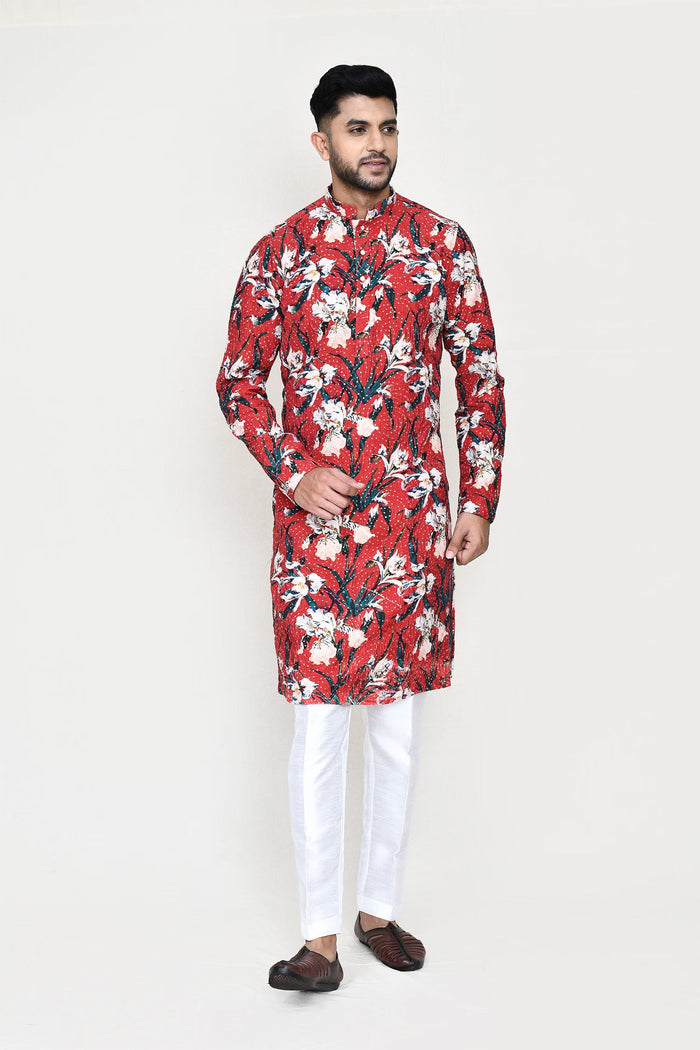 Red Rayon Kurta Set With Digital Printed