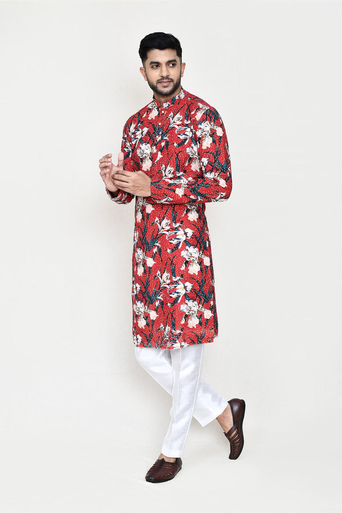 Red Rayon Kurta Set With Digital Printed