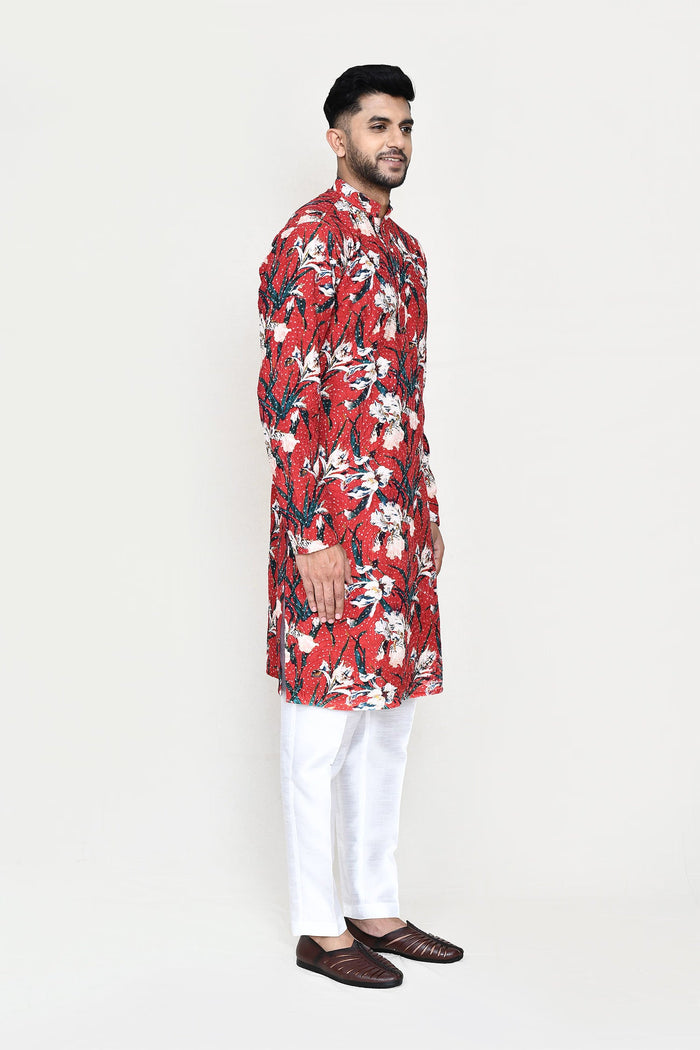 Red Rayon Kurta Set With Digital Printed