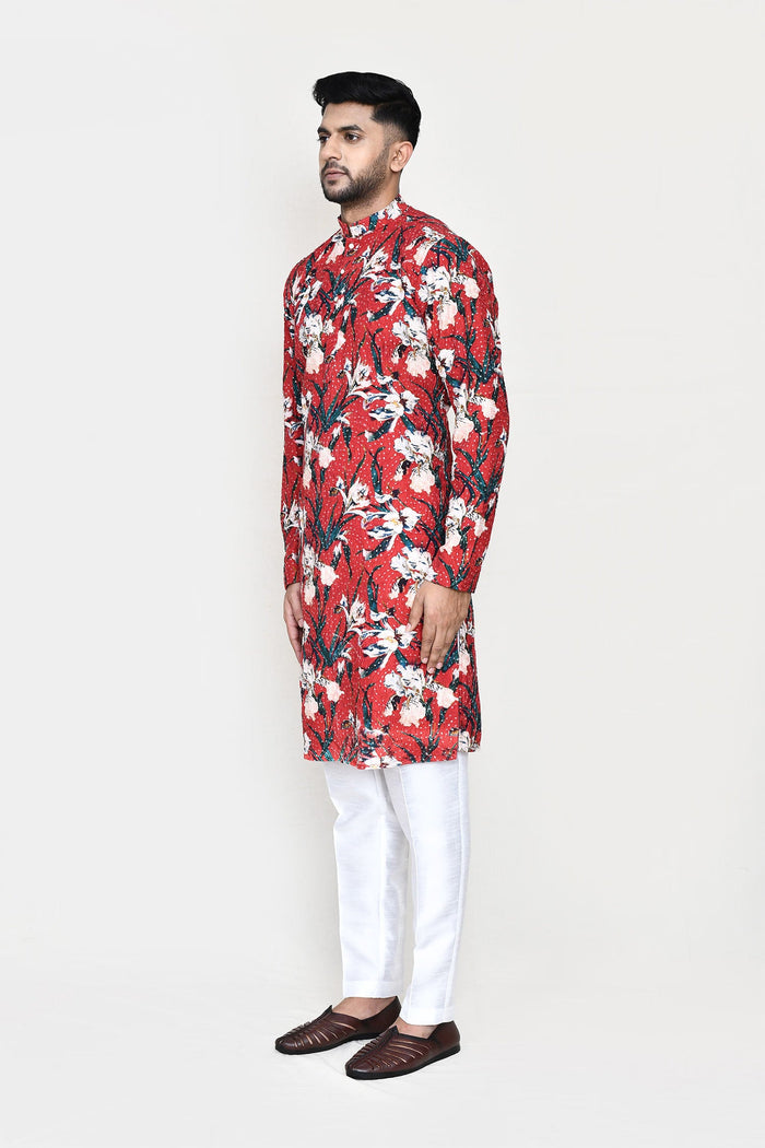 Red Rayon Kurta Set With Digital Printed