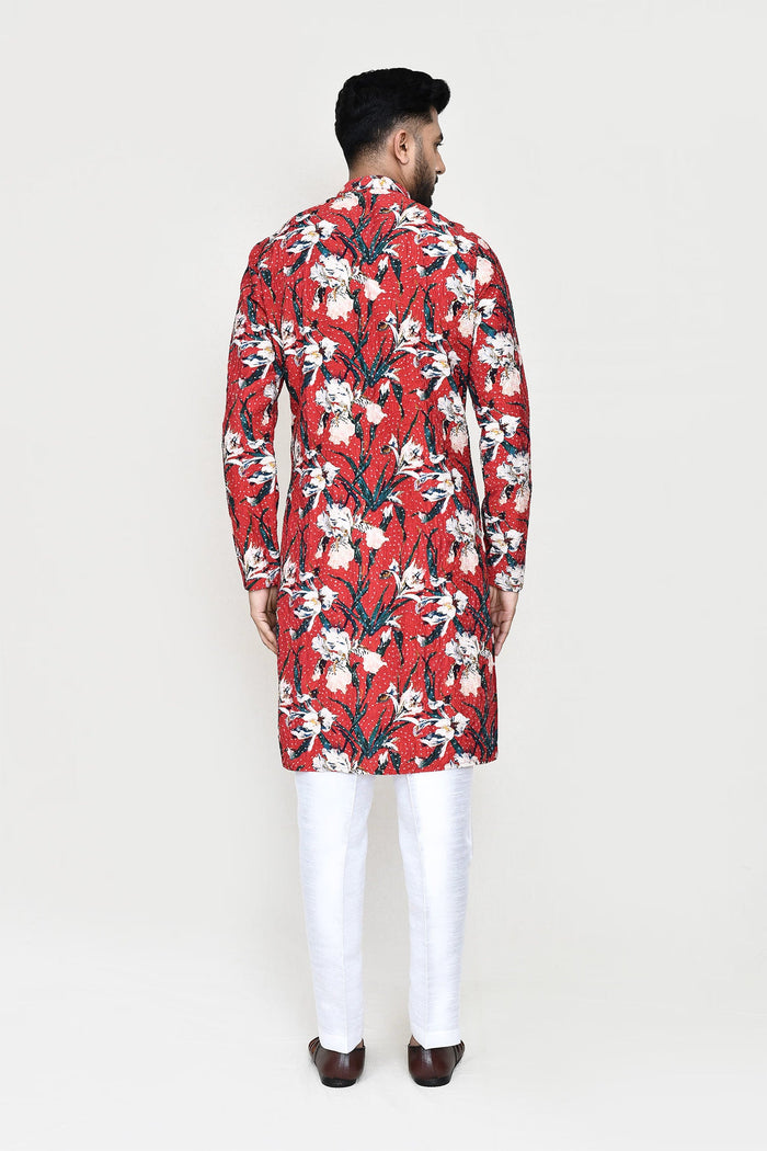 Red Rayon Kurta Set With Digital Printed