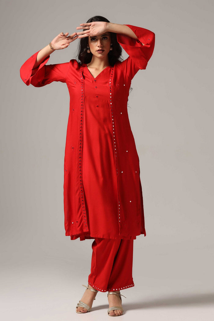 Red Rayon Kurti With Pants