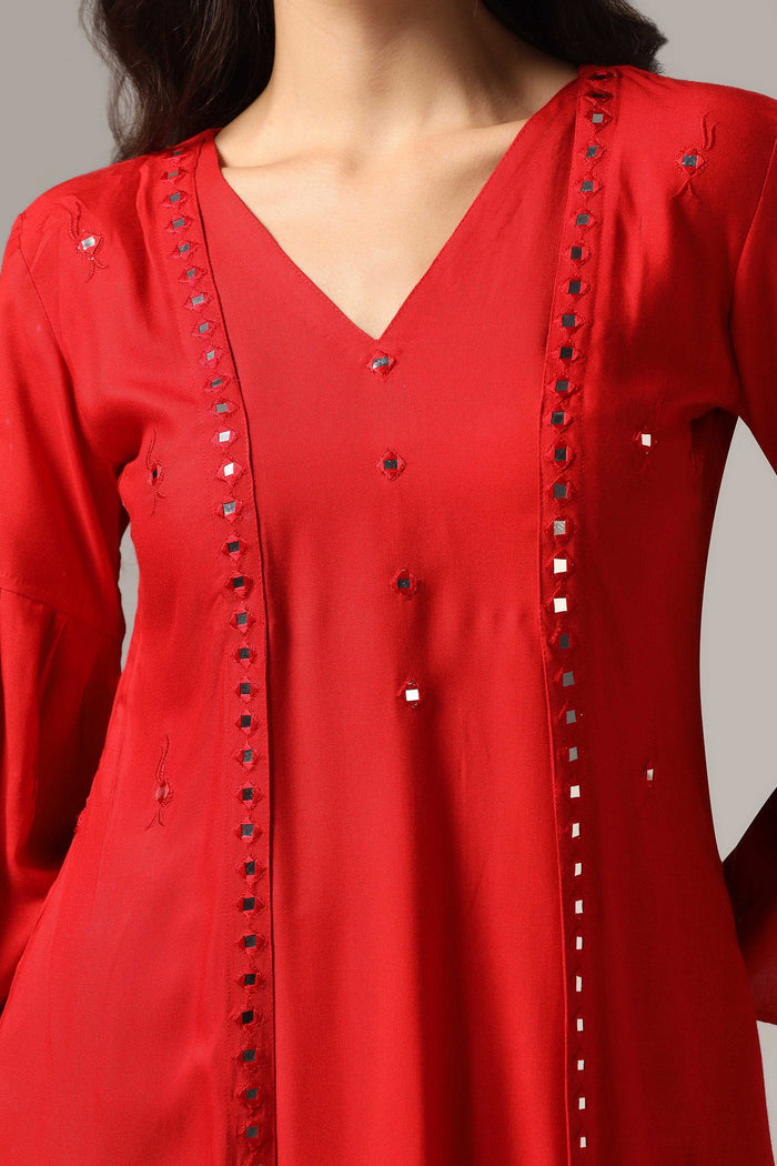 Red Rayon Kurti With Pants